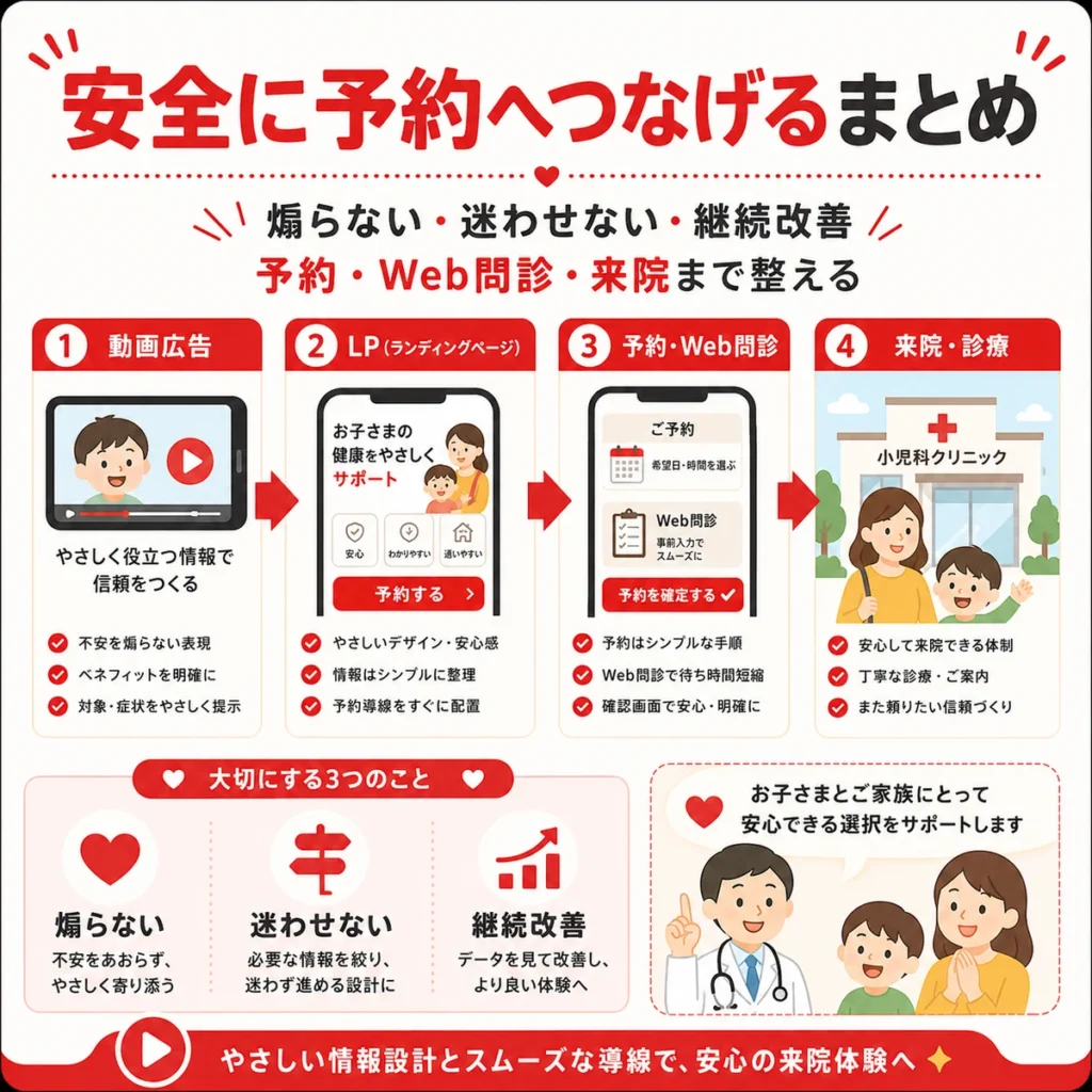 小児科YouTube広告で不安を煽らず安全に予約と来院へつなげるまとめのイラスト