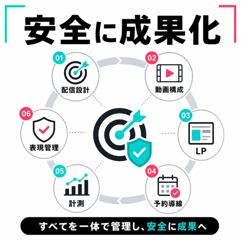 配信設計、動画構成、LP、予約導線、計測、表現管理を一体で管理し安全に成果化する流れを示すイラスト