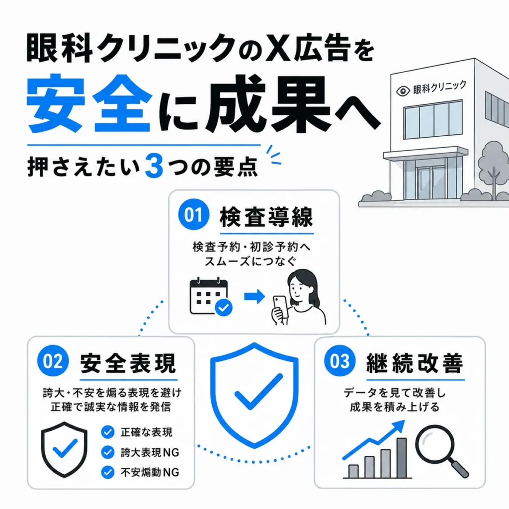 眼科クリニックのX広告を安全に成果へつなげるための検査導線、安全表現、継続改善をまとめたイラスト