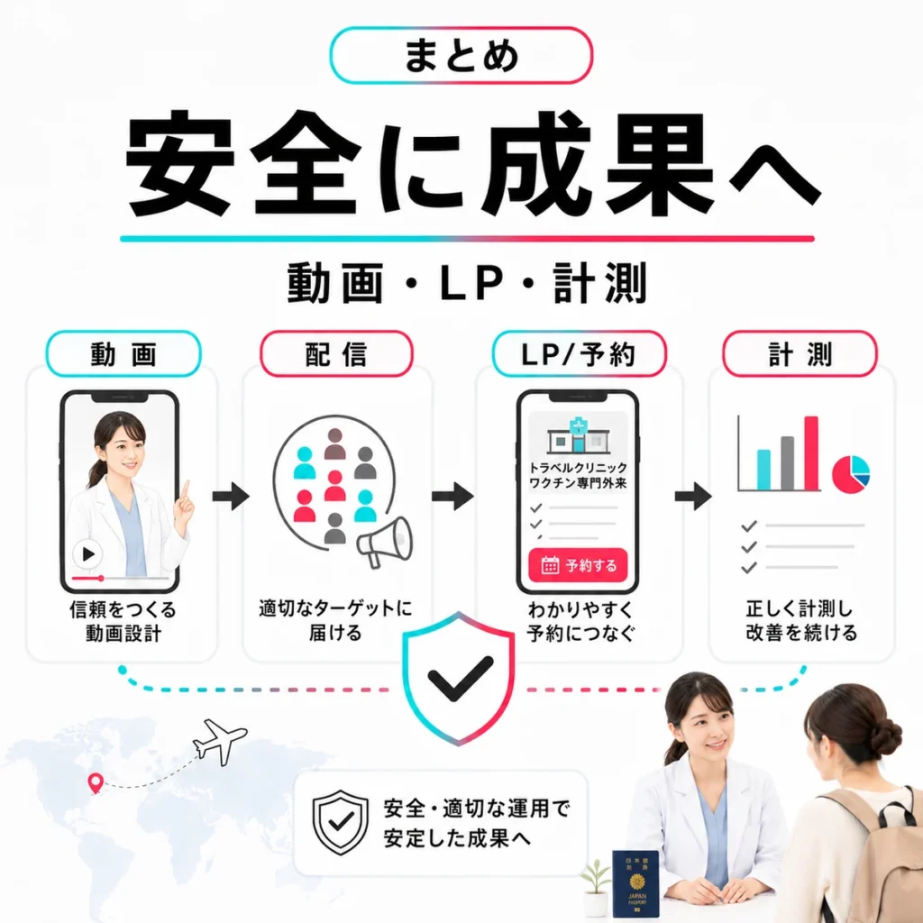 動画・配信・LP予約・計測を一貫させて安全に成果へつなげるまとめイラスト