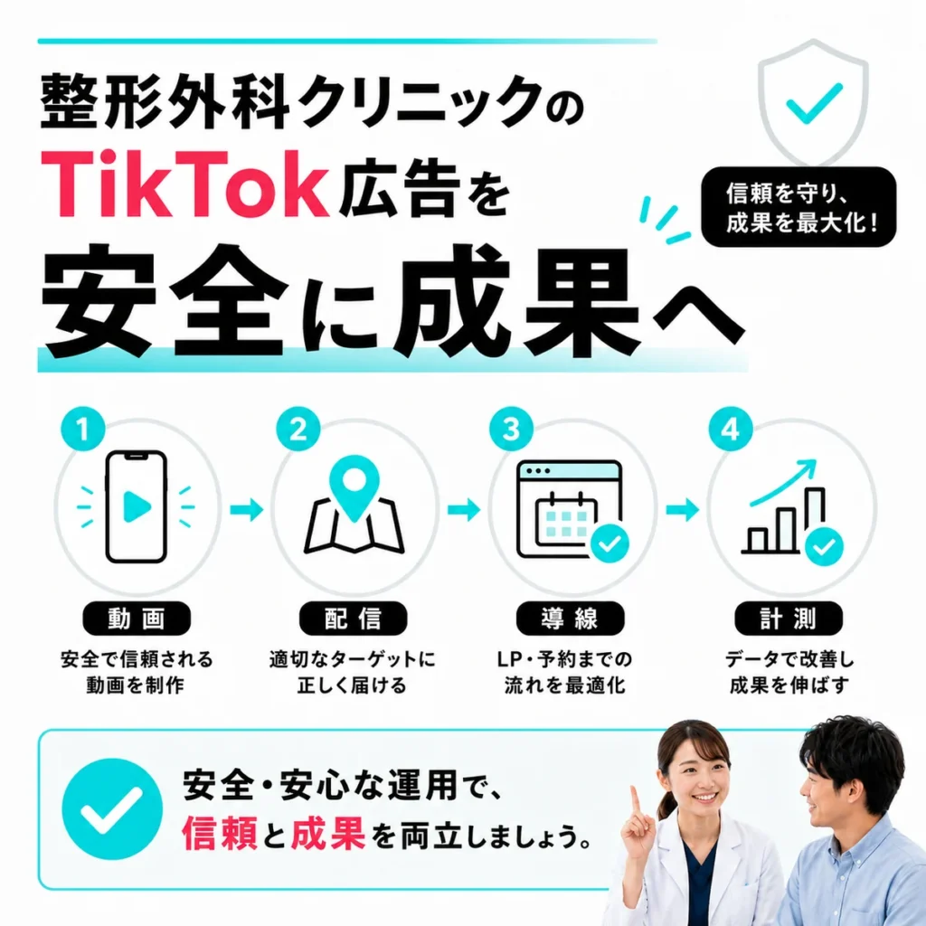 整形外科クリニックのTikTok広告を安全に成果へつなげる運用プロセスをまとめたイラスト