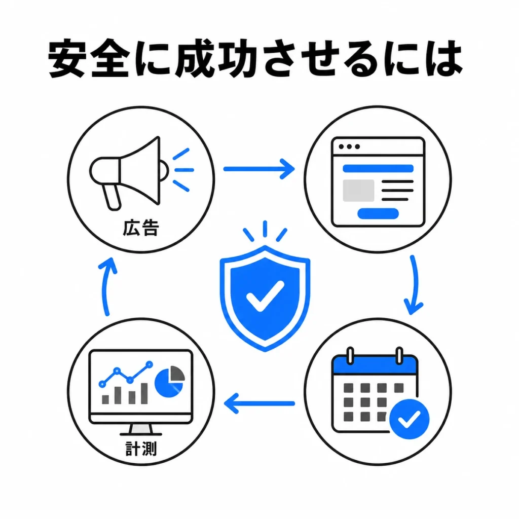 広告、LP、予約、計測を安全に回して睡眠外来のX広告運用を成功へ導く流れを示すイラスト
