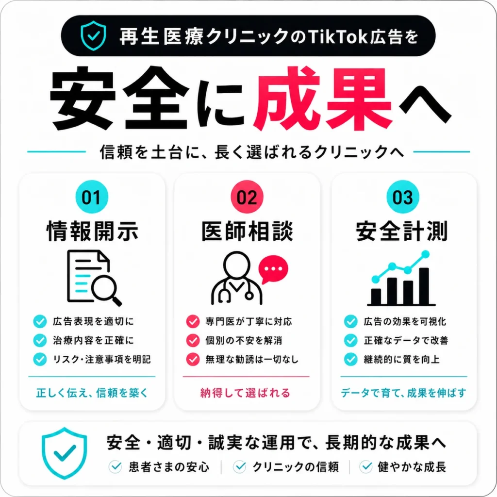 情報開示、医師相談、安全計測を軸に再生医療クリニックのTikTok広告を安全に成果へつなげる要点を示すイラスト