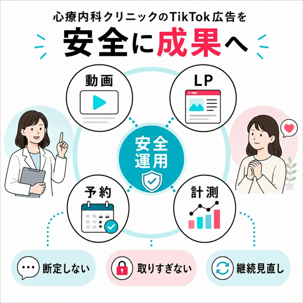 動画、LP、予約、計測を連携させて心療内科TikTok広告を安全に運用するまとめイラスト