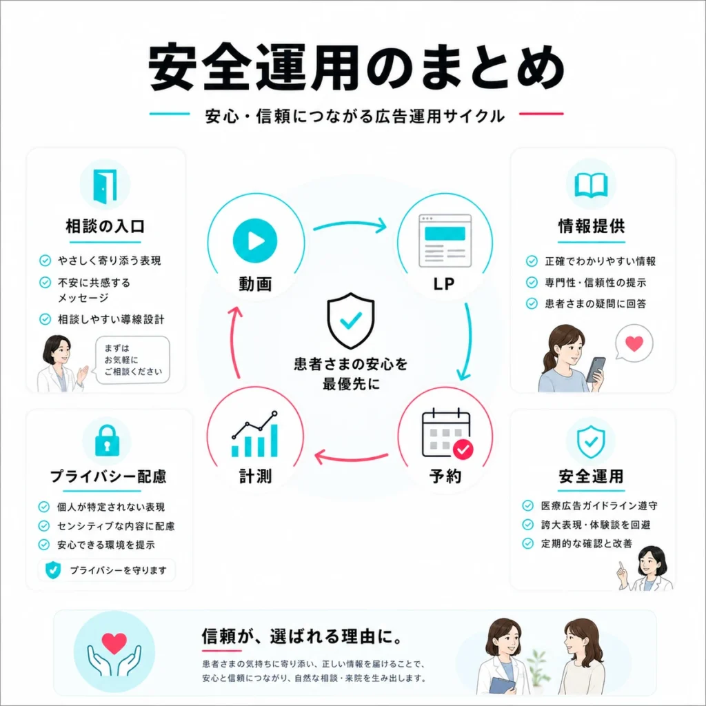 産婦人科・不妊治療クリニックのTikTok広告を安全に運用する流れをまとめたイラスト