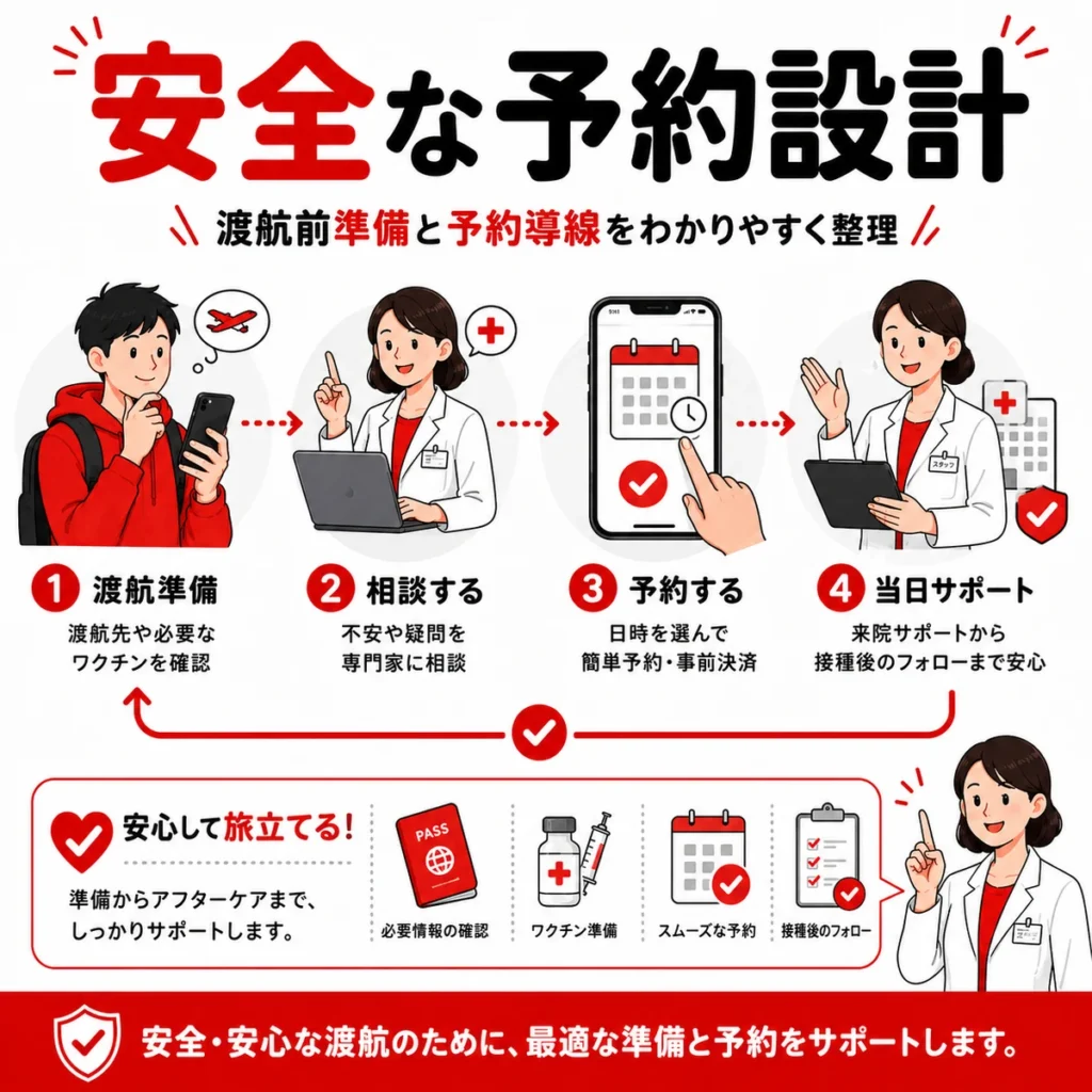 渡航前準備とワクチン予約導線を安全に設計するまとめ用イラスト