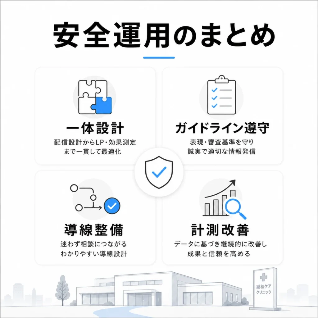 緩和ケアクリニックのX広告を安全に運用するための一体設計、ガイドライン遵守、導線整備、計測改善をまとめたイラスト