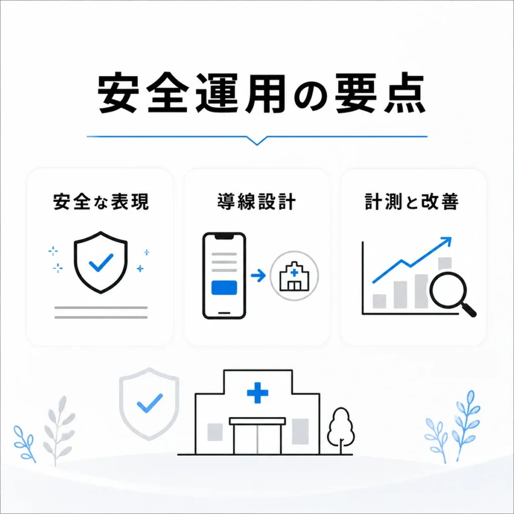 アレルギー科クリニックのX広告を安全に運用するための表現、導線、計測改善の要点をまとめたイラスト