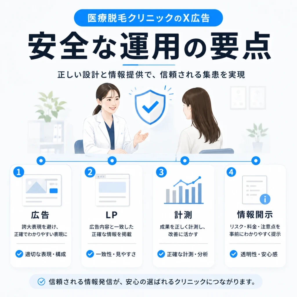 医療脱毛クリニックのX広告を安全に運用するための広告、LP、計測、情報開示の要点を示すイラスト
