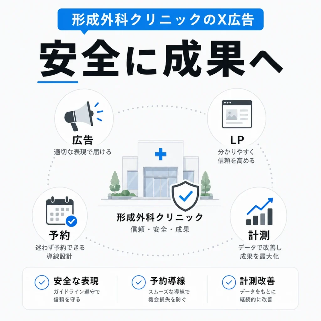 形成外科クリニックのX広告を安全な表現、予約導線、計測改善で成果へつなげるまとめイラスト