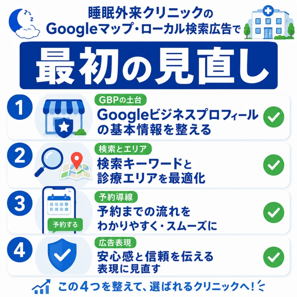 睡眠外来クリニックのGoogleマップ・ローカル検索広告で最初に見直すべき項目を整理したチェックリスト画像