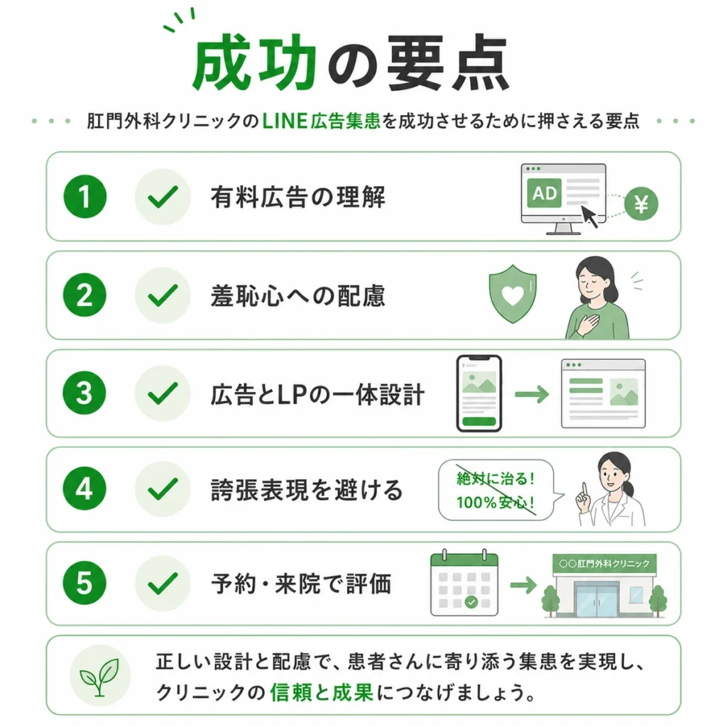 肛門外科クリニックのLINE広告集患を成功させるための要点をチェックリストで示すイラスト