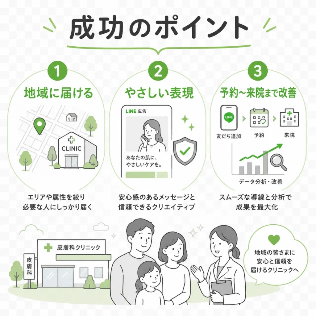 皮膚科クリニックのLINE広告活用で地域配信とやさしい表現と予約来院改善を成功ポイントとしてまとめたイラスト