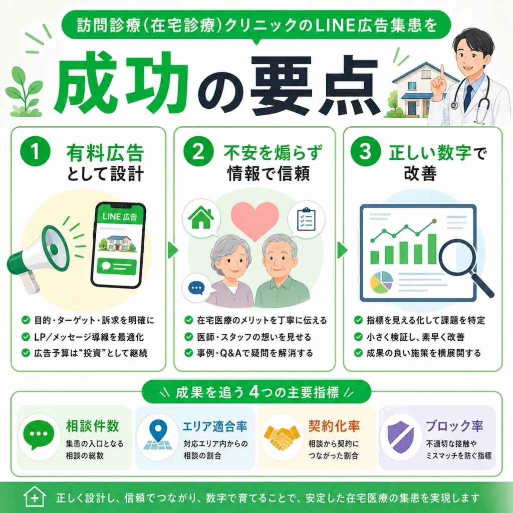 訪問診療クリニックのLINE広告集患を成功させる要点と主要指標をまとめたイラスト