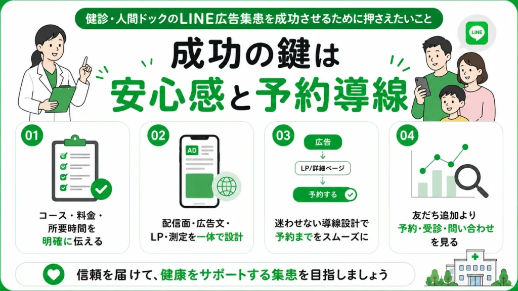 健診・人間ドックのLINE広告集患を成功させるための安心感と予約導線の要点をまとめたイラスト