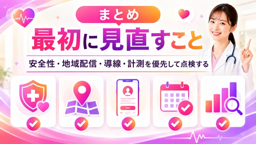 循環器内科のInstagram広告で最初に見直す安全性や導線の要点イラスト