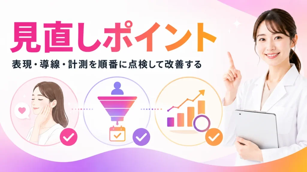 皮膚科Instagram広告の表現・導線・計測の見直しポイントをまとめたイラスト