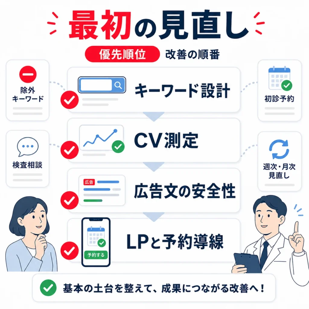 脳神経内科のYahoo!リスティング広告で最初に見直すキーワード設計、CV測定、広告文、LP導線の優先順位を示すまとめイラスト