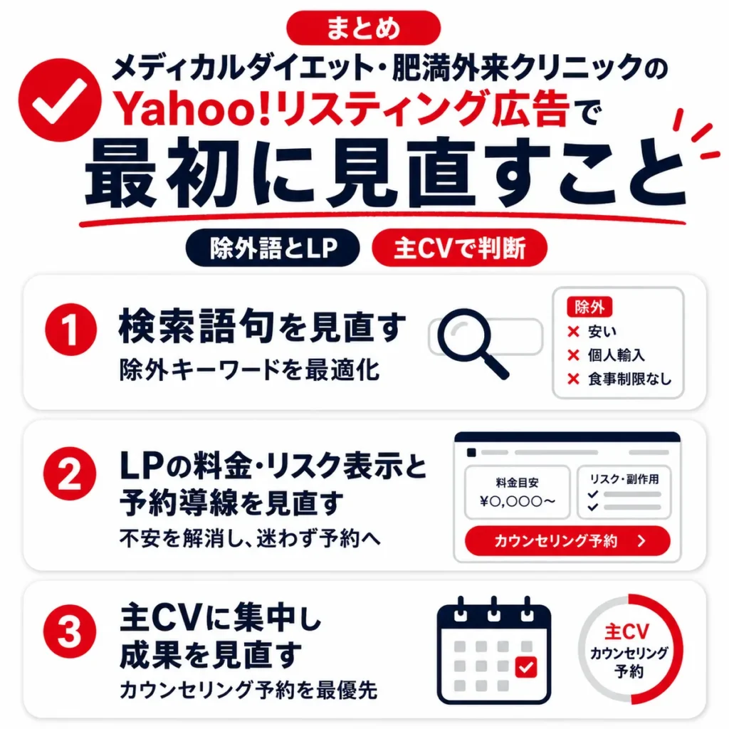 メディカルダイエットのYahoo!リスティング広告で最初に見直す検索語句、LP、主CVをまとめたイラスト