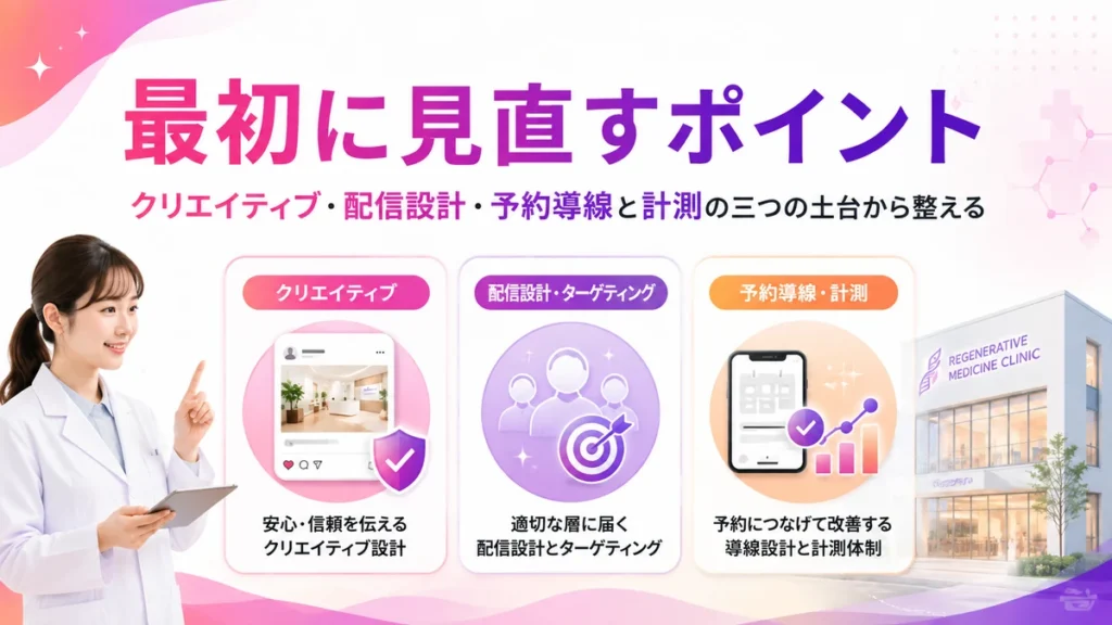 Instagram広告で最初に見直す三つの土台を示すまとめイラスト