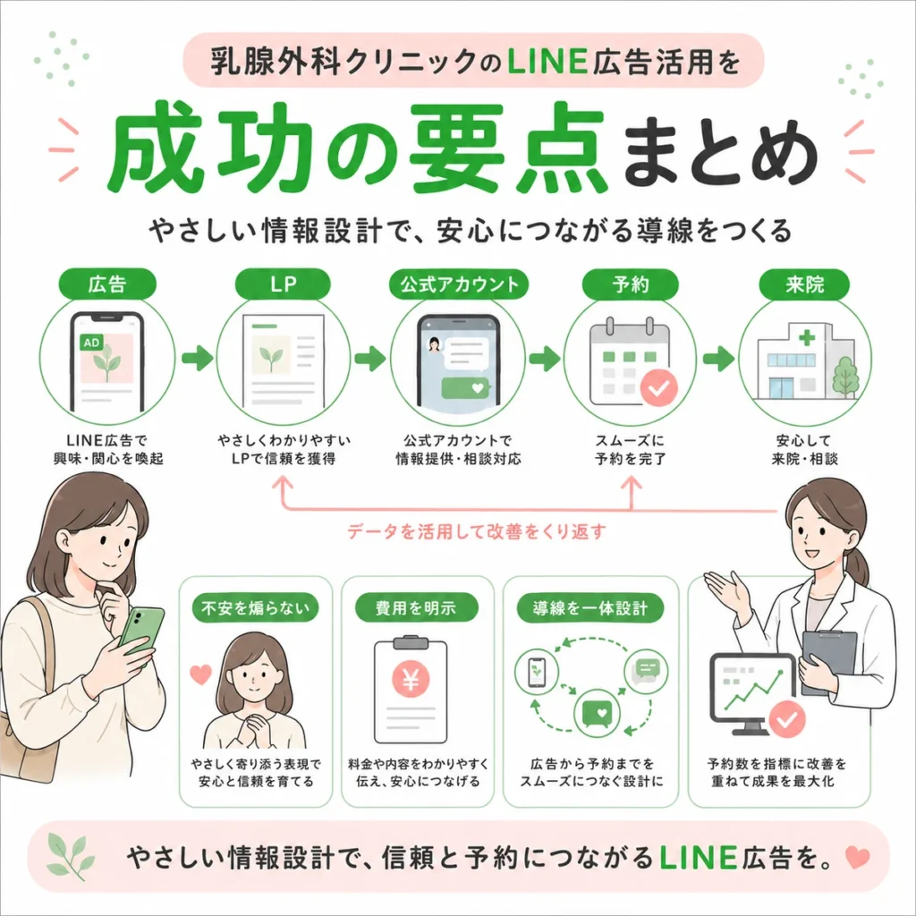 乳腺外科クリニックのLINE広告活用で不安を煽らず予約までつなげる成功要点をまとめたイラスト