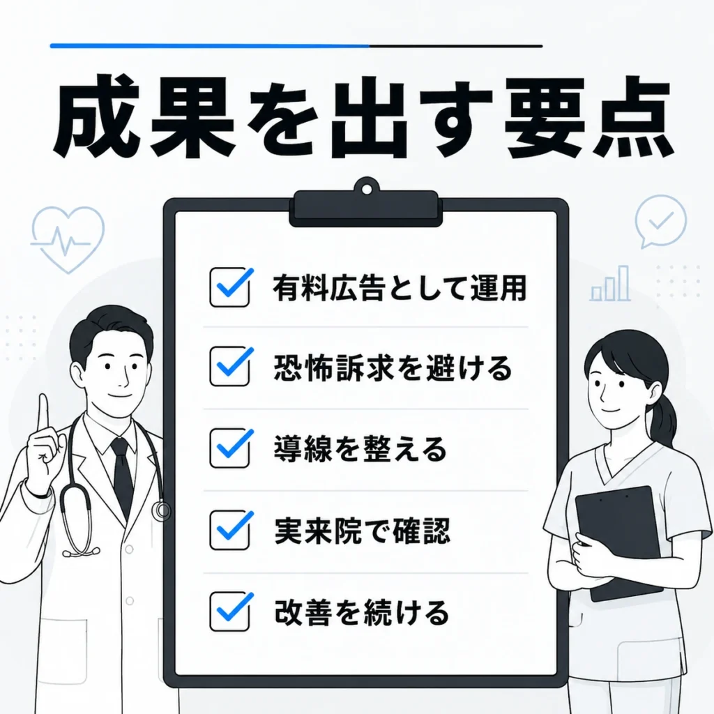 循環器内科のX広告で成果を出すための有料広告運用や導線改善の要点をまとめたイラスト