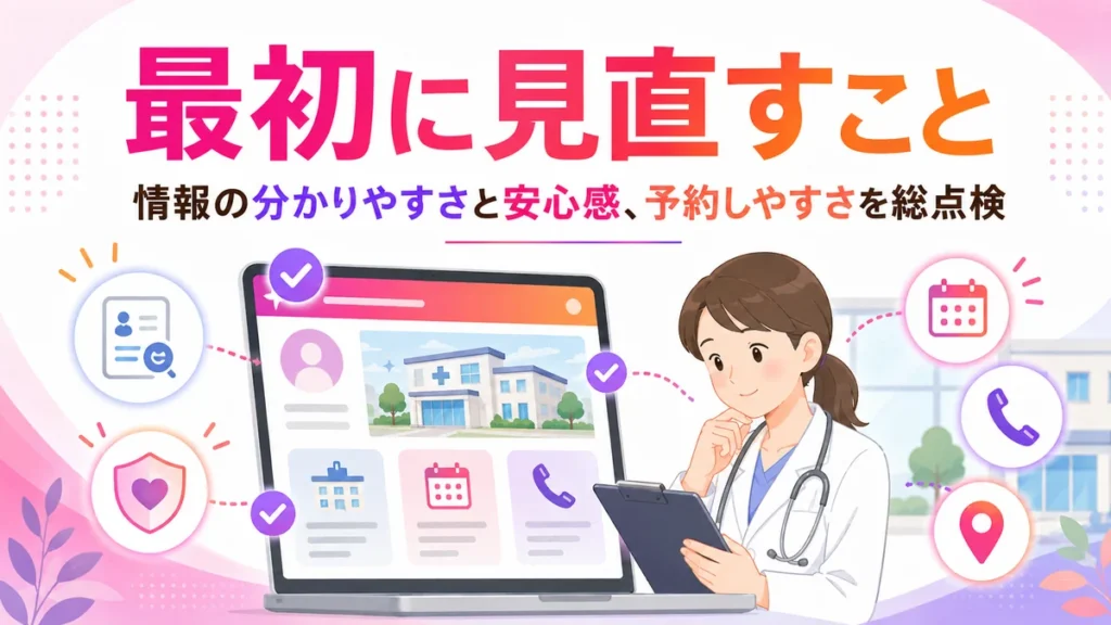 Instagram広告で最初に見直す情報と予約導線を示すまとめイラスト