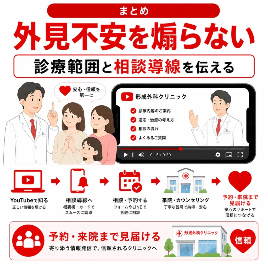 形成外科のYouTube広告で外見不安を煽らず診療範囲と相談導線を伝えるまとめイラスト