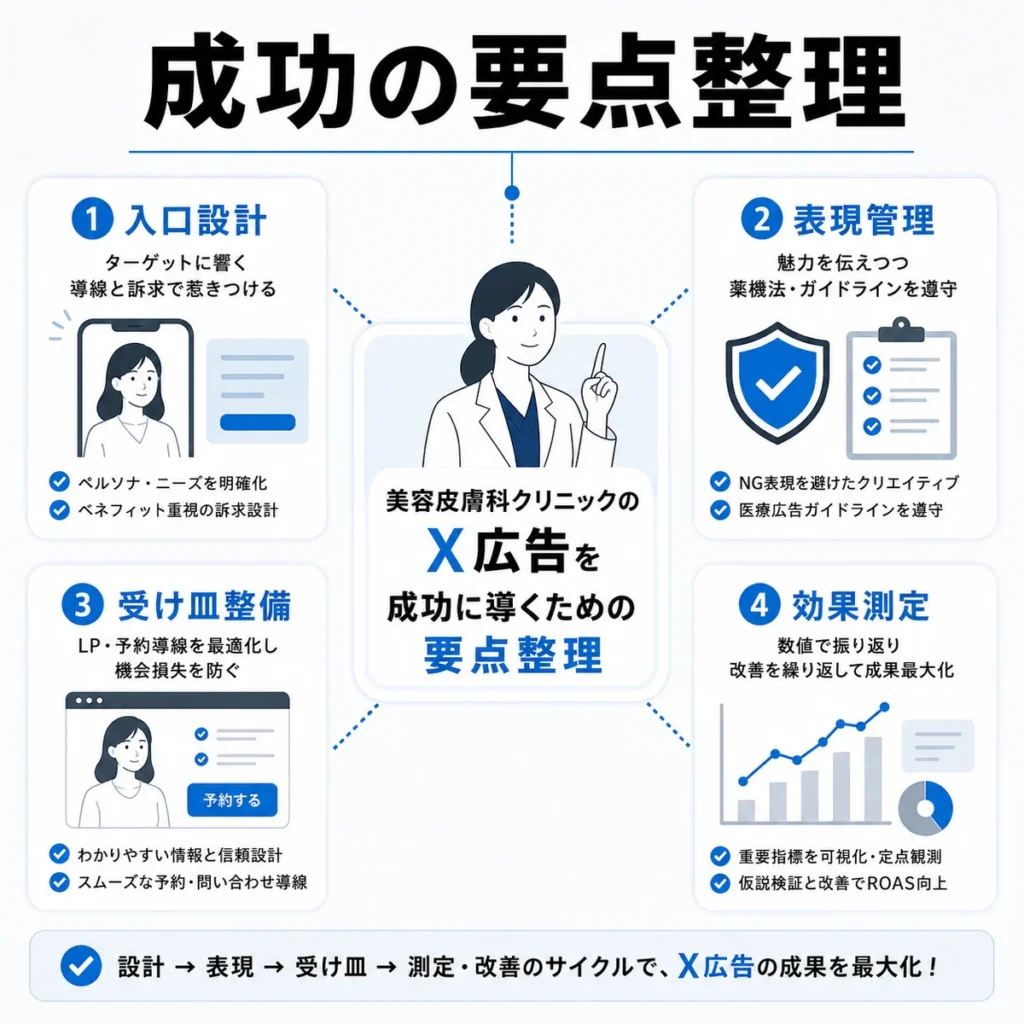 美容皮膚科クリニックのX広告を成功に導く入口設計、表現管理、受け皿整備、効果測定の要点整理イラスト