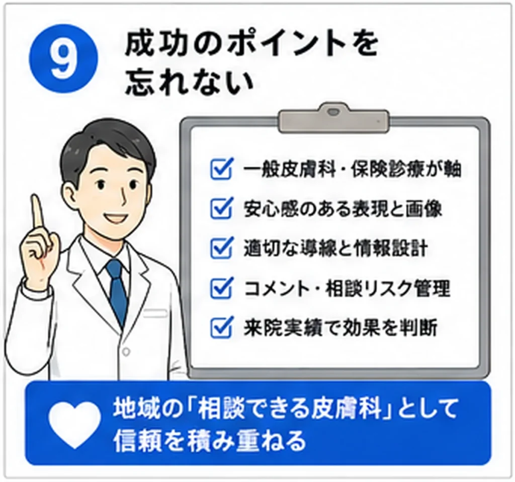 皮膚科クリニックのFacebook広告を成功させるための重要ポイントをまとめたイラスト