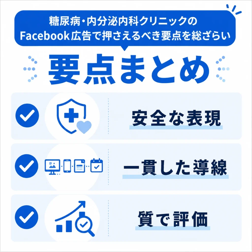 糖尿病・内分泌内科クリニックのFacebook広告で押さえる要点をまとめたイラスト
