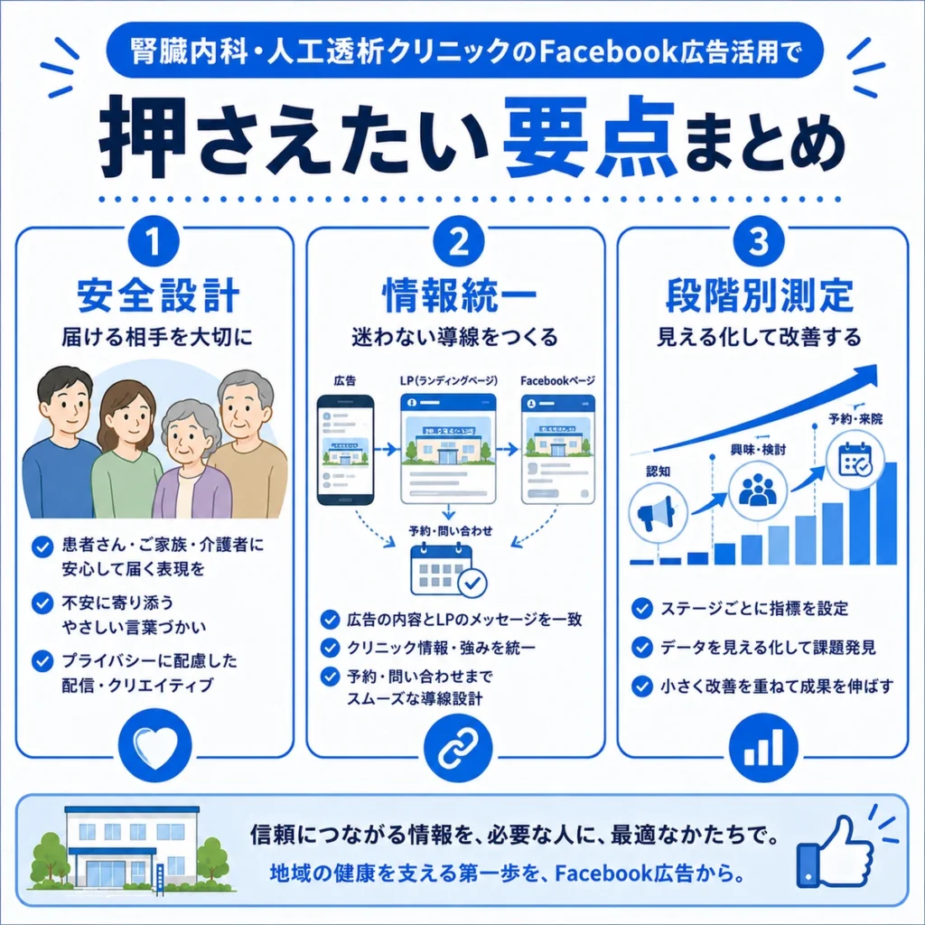 腎臓内科・人工透析クリニックのFacebook広告活用で押さえたい要点をまとめたイラスト