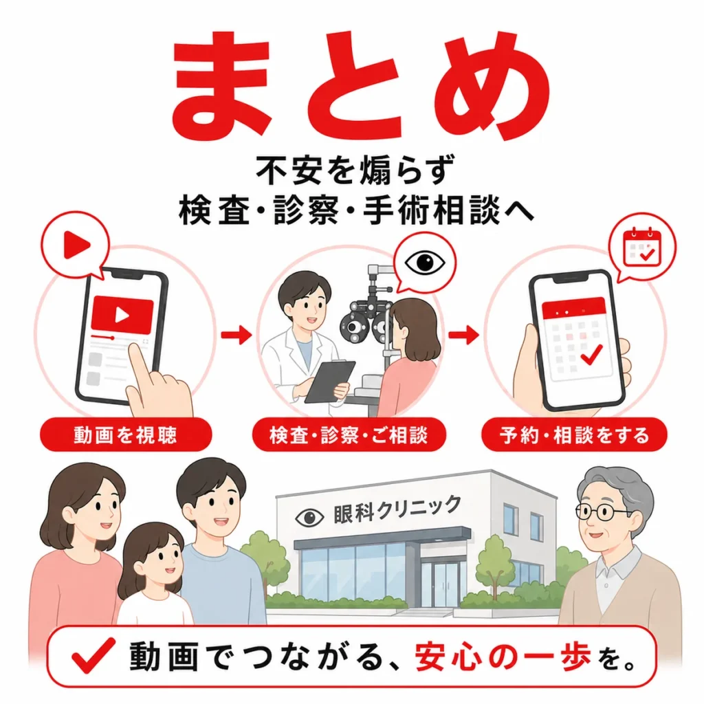 眼科YouTube広告で不安を煽らず検査、診察、手術相談へつなぐまとめのイラスト