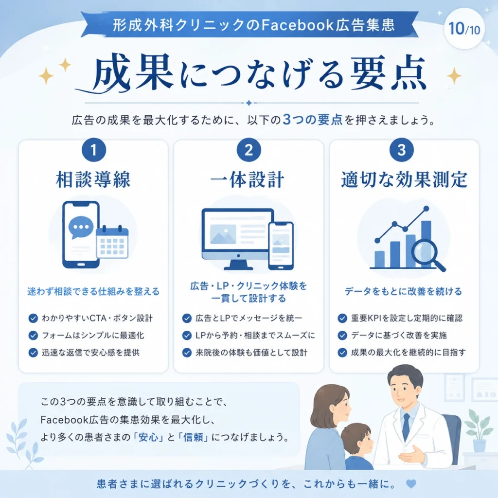 形成外科クリニックのFacebook広告集患で押さえたい相談導線・一体設計・効果測定の要点を示すイラスト