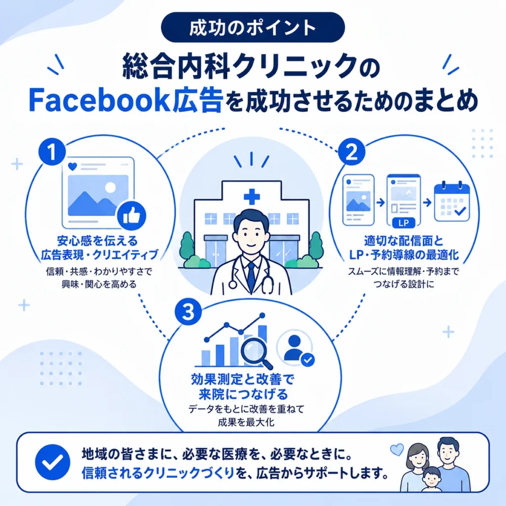 総合内科クリニックのFacebook広告を成功させるための要点をまとめたイラスト
