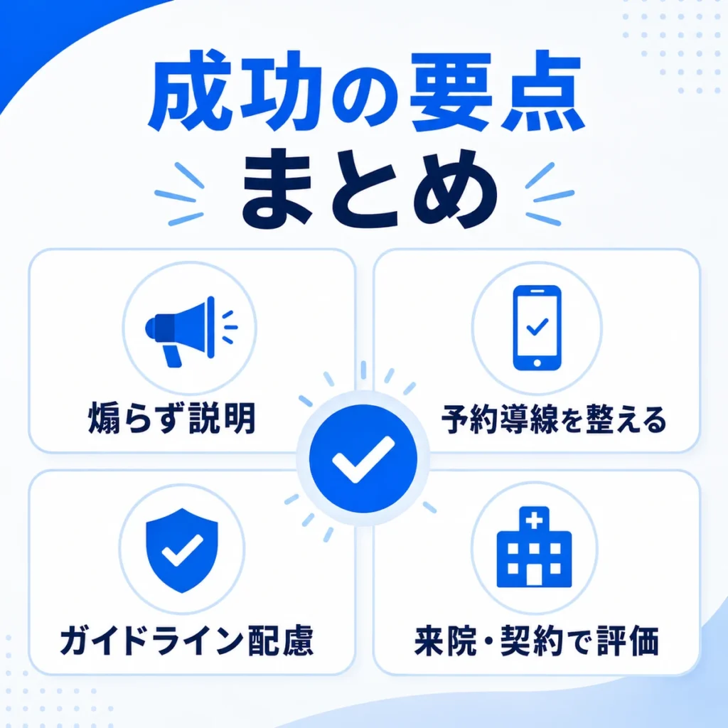 医療脱毛クリニックのFacebook広告集患を成功させる要点をまとめたイラスト