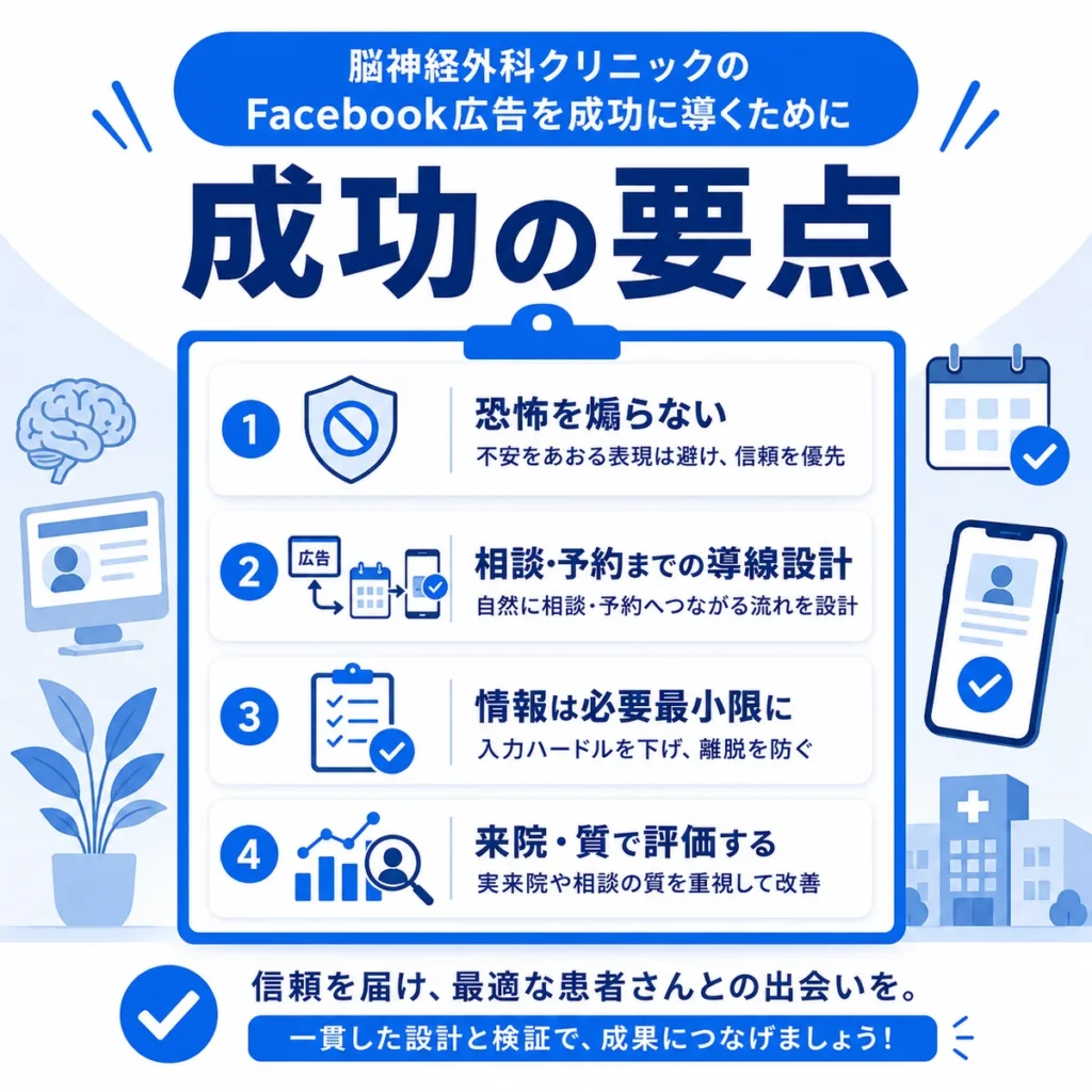 脳神経外科クリニックのFacebook広告を成功に導く要点をまとめたイラスト