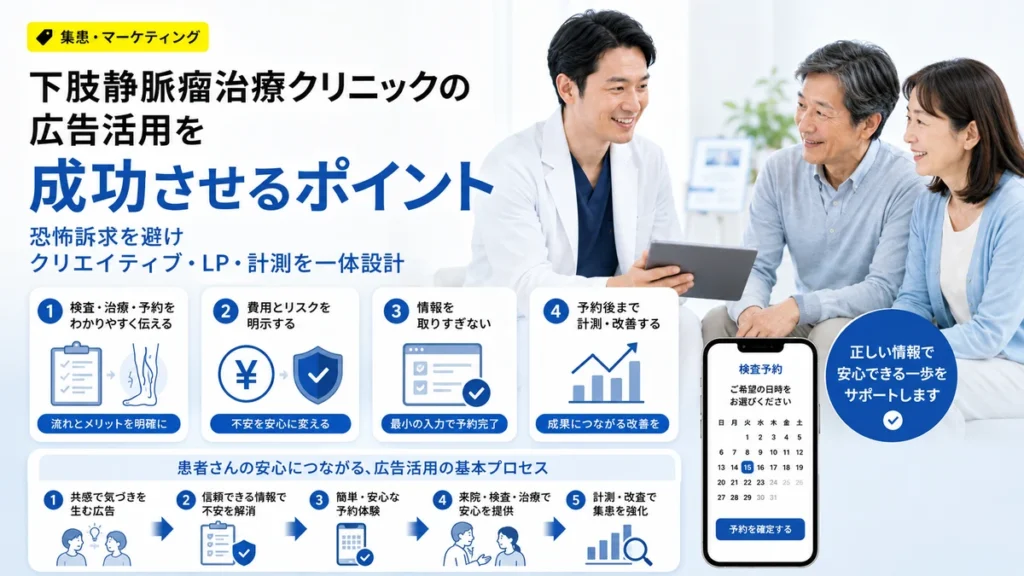 下肢静脈瘤治療クリニックのFacebook広告活用を成功させるポイントをまとめたイラスト