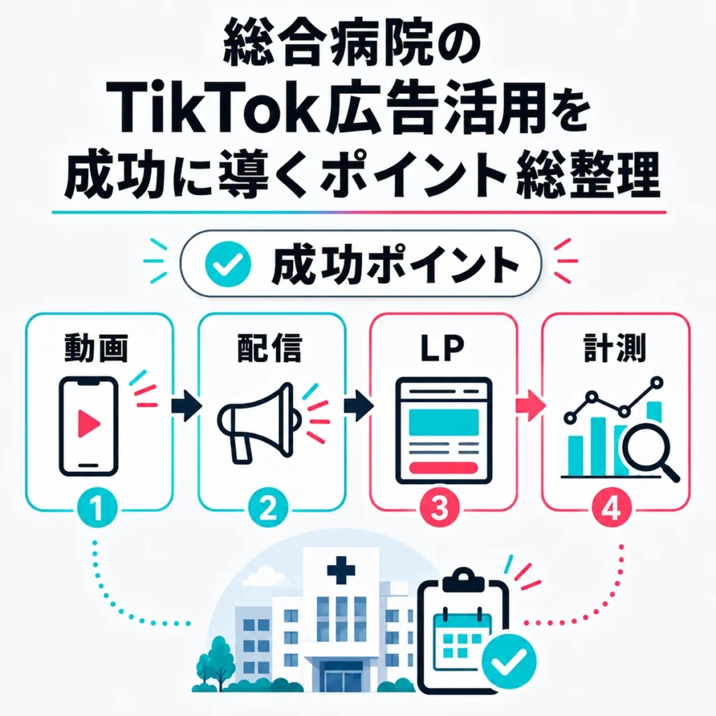動画、配信、LP、計測を一体で整える総合病院TikTok広告の成功ポイントをまとめたイラスト