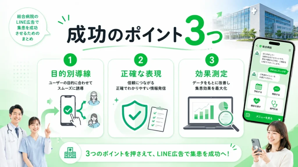 総合病院のLINE広告を成功させる目的別導線、正確な表現、効果測定の3つのポイントを示すまとめイラスト