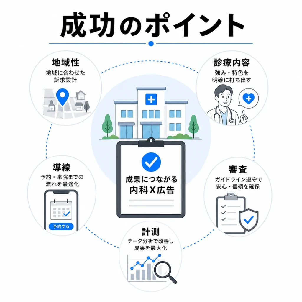 総合内科クリニックのX広告活用を成功させるポイントをまとめたイラスト