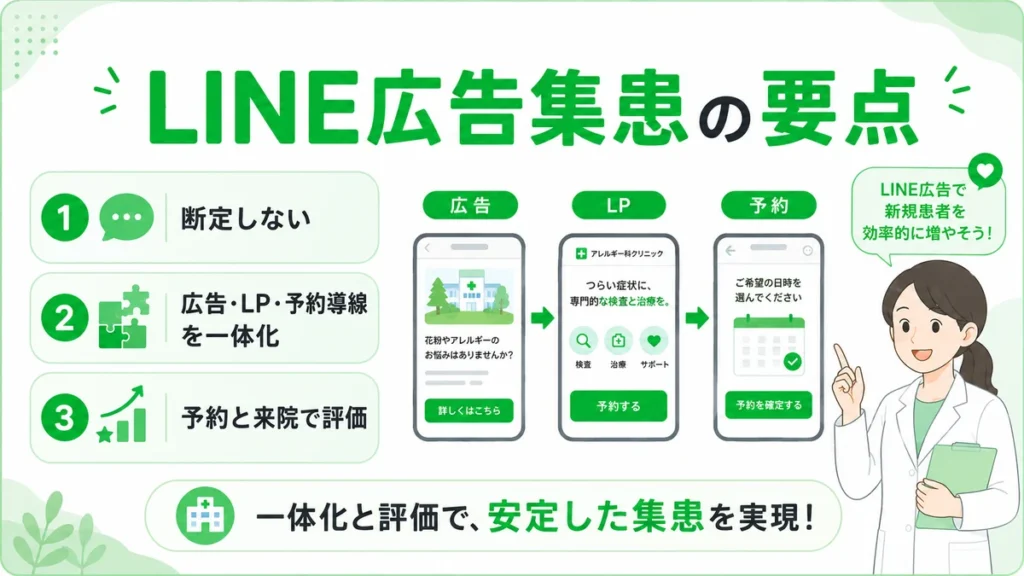 アレルギー科クリニックのLINE広告集患で大切な要点をまとめたイラスト