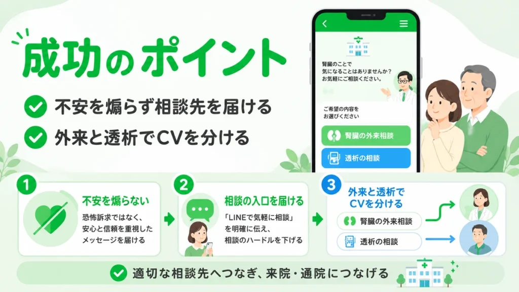 腎臓内科・人工透析クリニックのLINE広告成功ポイントをまとめたイラスト