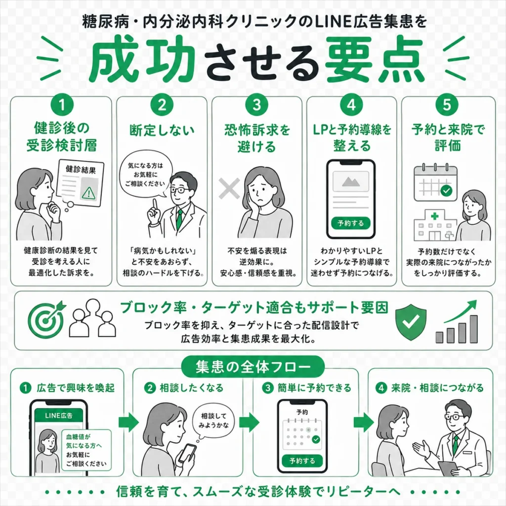 糖尿病・内分泌内科クリニックのLINE広告集患を成功させる要点をまとめたイラスト