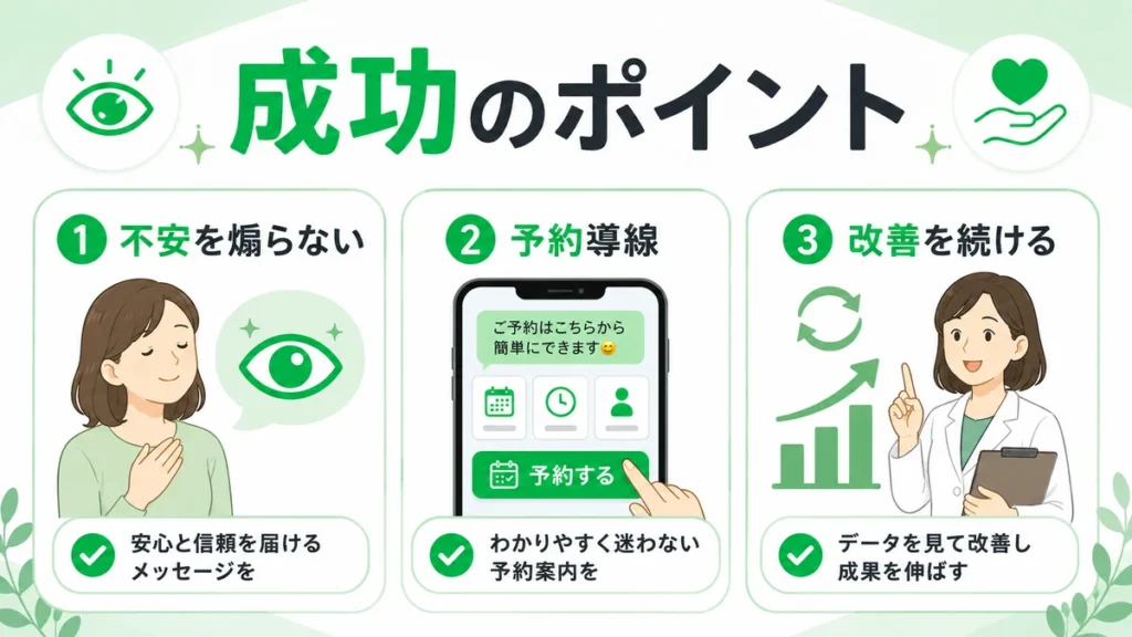 眼科クリニックのLINE広告集患を成功させるために不安を煽らず予約導線と改善を続けるポイントをまとめたイラスト