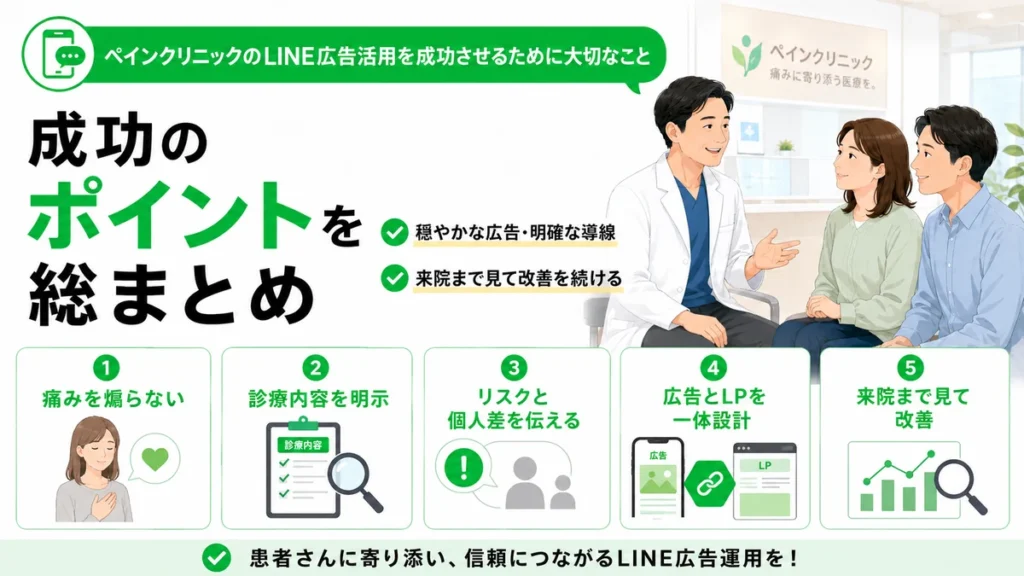 ペインクリニックのLINE広告活用を成功させるための重要ポイントをまとめたイラスト
