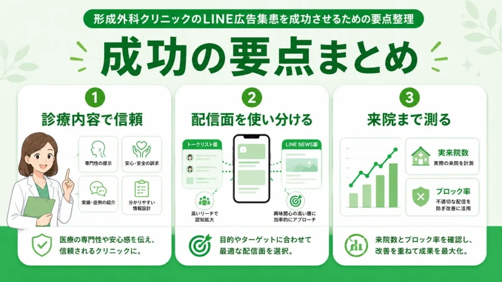 形成外科クリニックのLINE広告集患を成功させるための要点を3つに整理したまとめイラスト