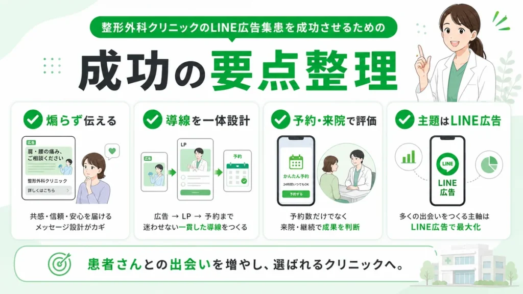 整形外科クリニックのLINE広告集患を成功させる要点を整理したイラスト