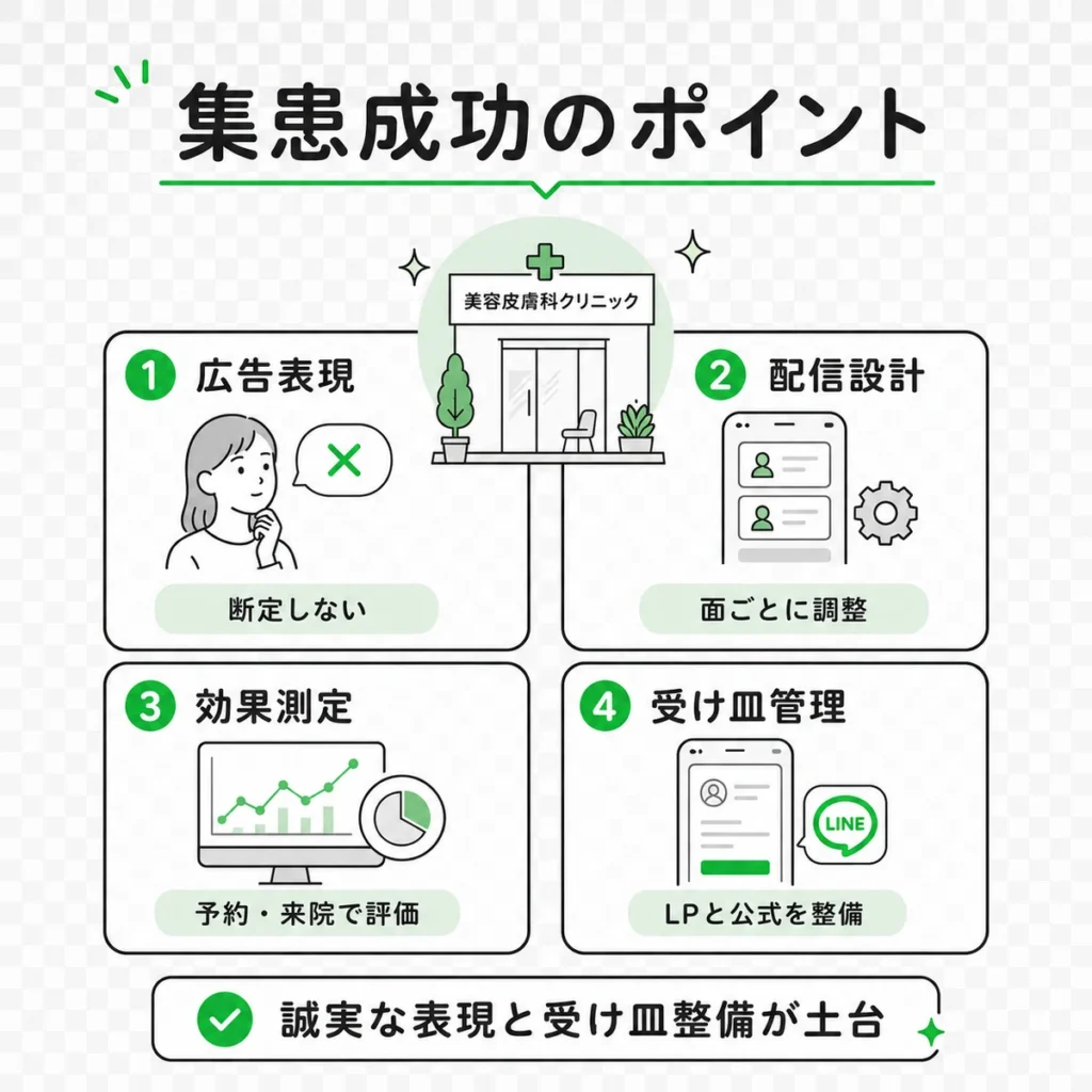 美容皮膚科クリニックのLINE広告集患で広告表現や配信設計、効果測定を整理したまとめイラスト