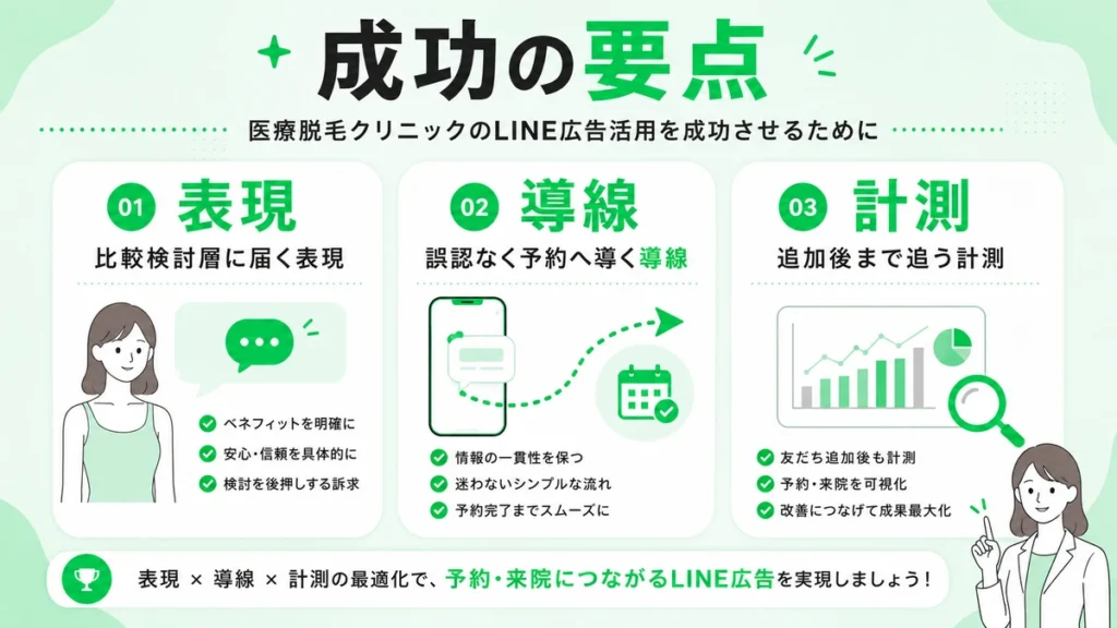 医療脱毛クリニックのLINE広告成功に必要な表現、導線、計測の要点をまとめたイラスト